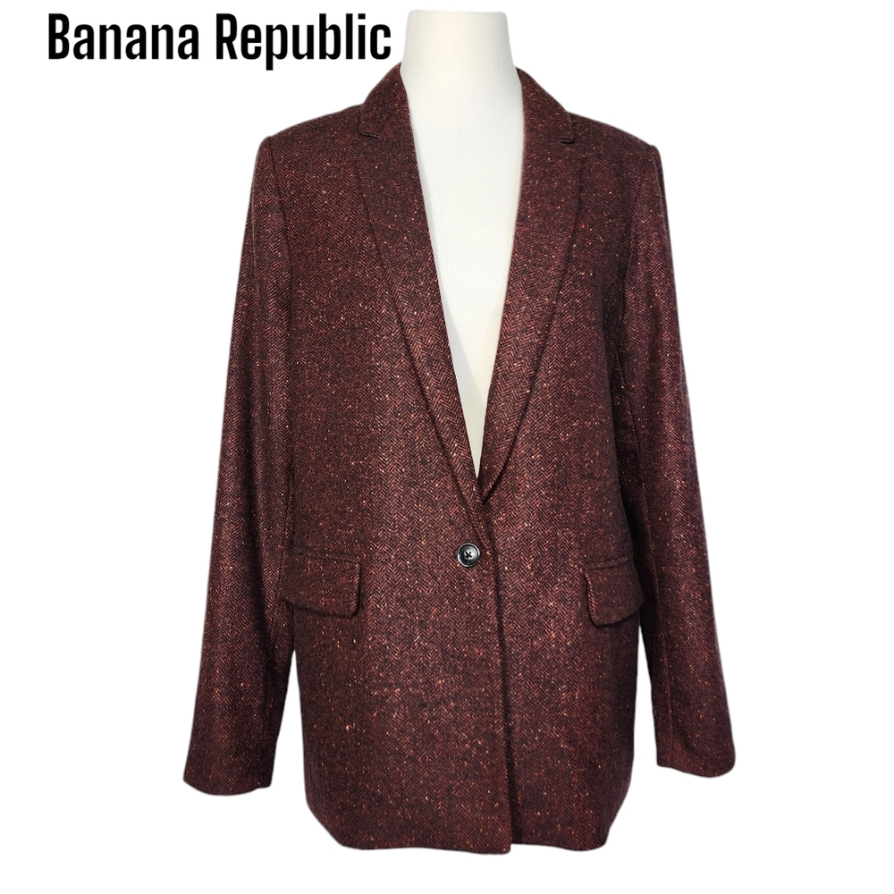 Banana Republic Sz 12 Single Button Siena Speckle Wool Blend Long Blazer Jacket